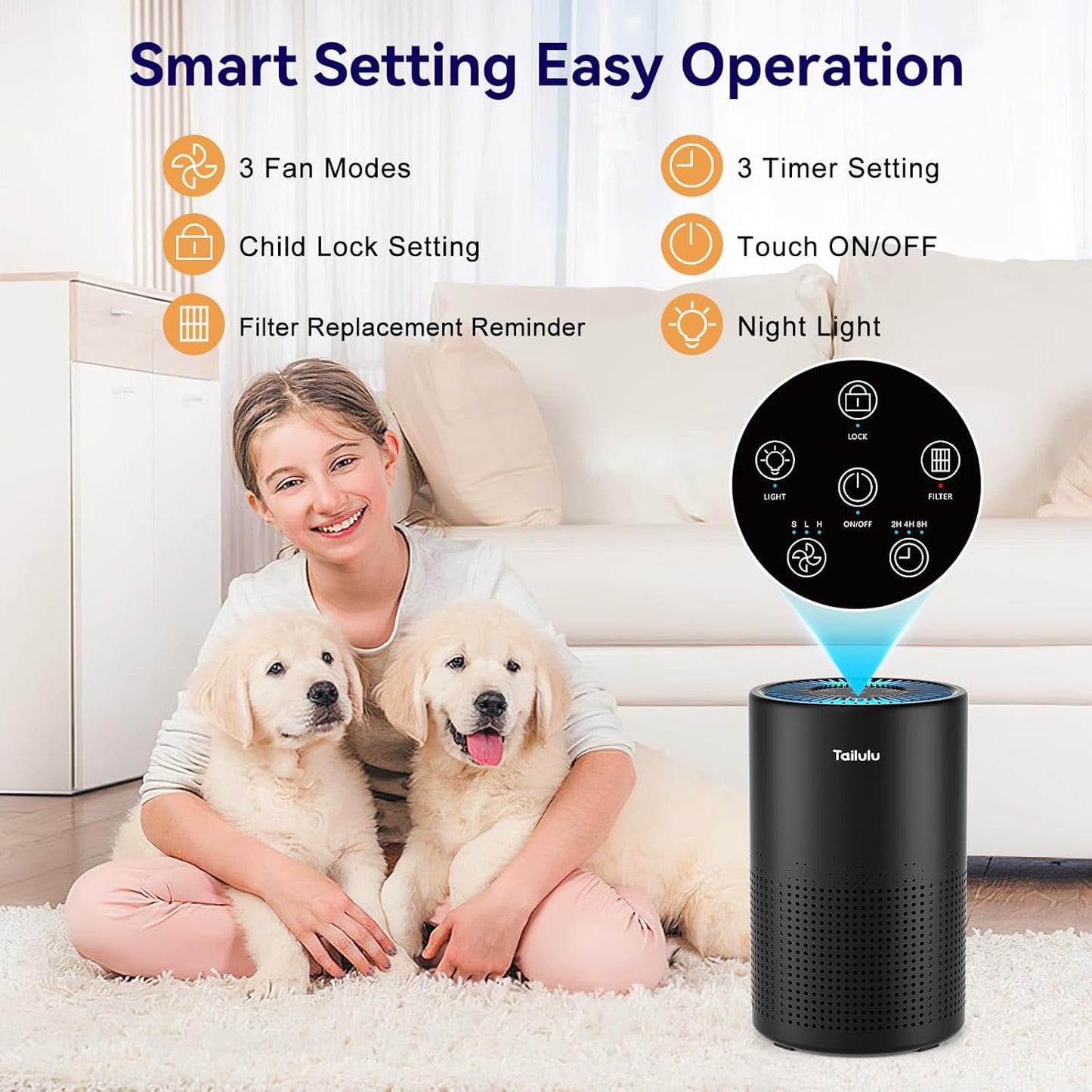 Air Purifiers for Bedroom Home, Tailulu H14 True HEPA Air Purifier Filter, Quiet Air Cleaner With 12dB Sleep Mode Night Light Speed Control Timer, Portable Small Air Purifier For Allergies Pets