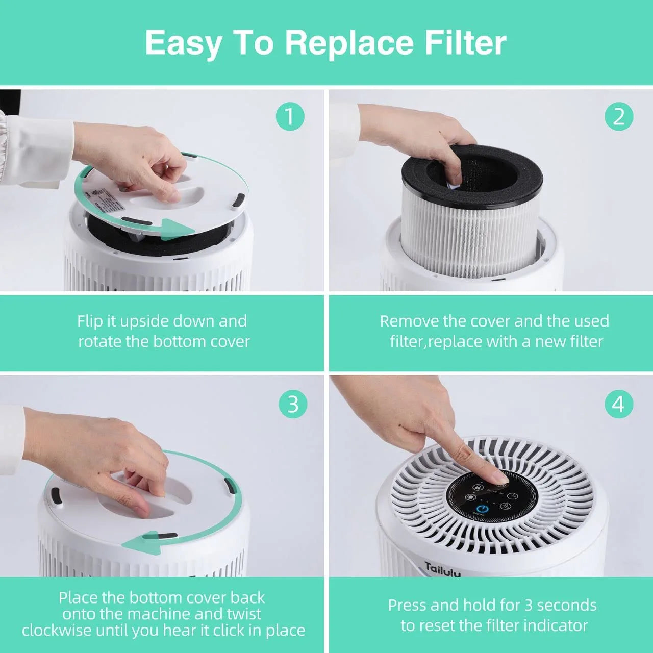 Tailulu D09 Air Purifier Replacement Filter, 3-in-1 True H13 HEPA Filter