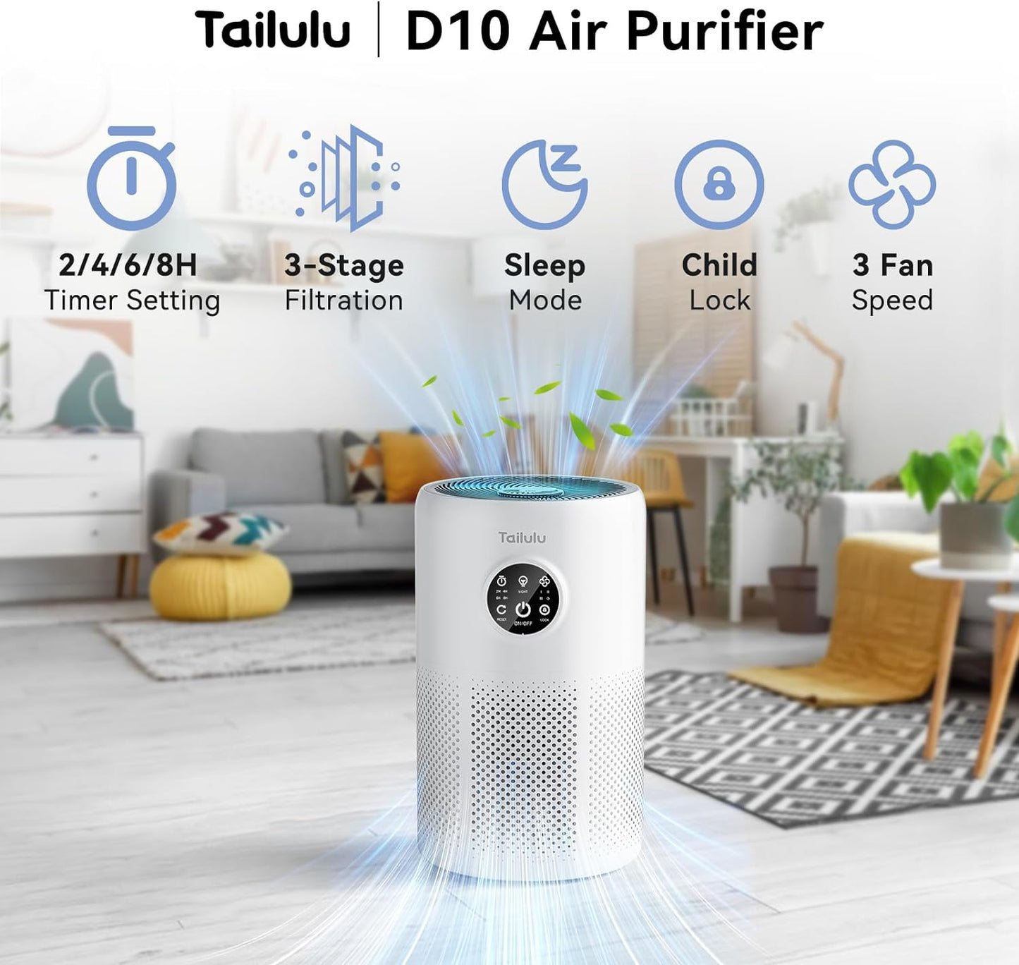 Air Purifiers for Home Pets Large Room Up to 1360 Sq Ft, Tailulu D10 HEPA Air Purifier for Bedroom with Sleep Mode, Air Filter Cleaner for Pet Dander Smoke Odor Dust Pollen with Timer Fragrance Sponge