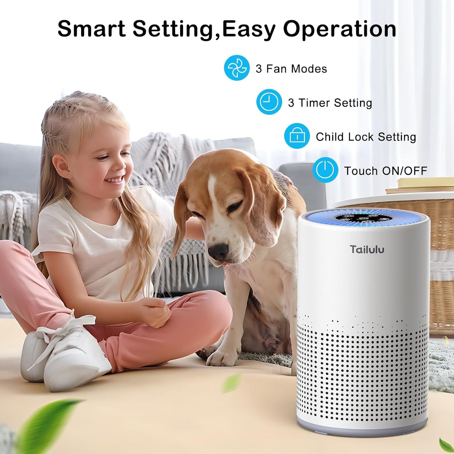 Air Purifiers for Bedroom Home Pets 800 Ft², Tailulu H13 True HEPA Air Filter Portable Air Purifier with 12dB Sleep Mode, Speed Control,Timer, Quiet Air Cleaner For Odor Dust Smoke Pollen AP050