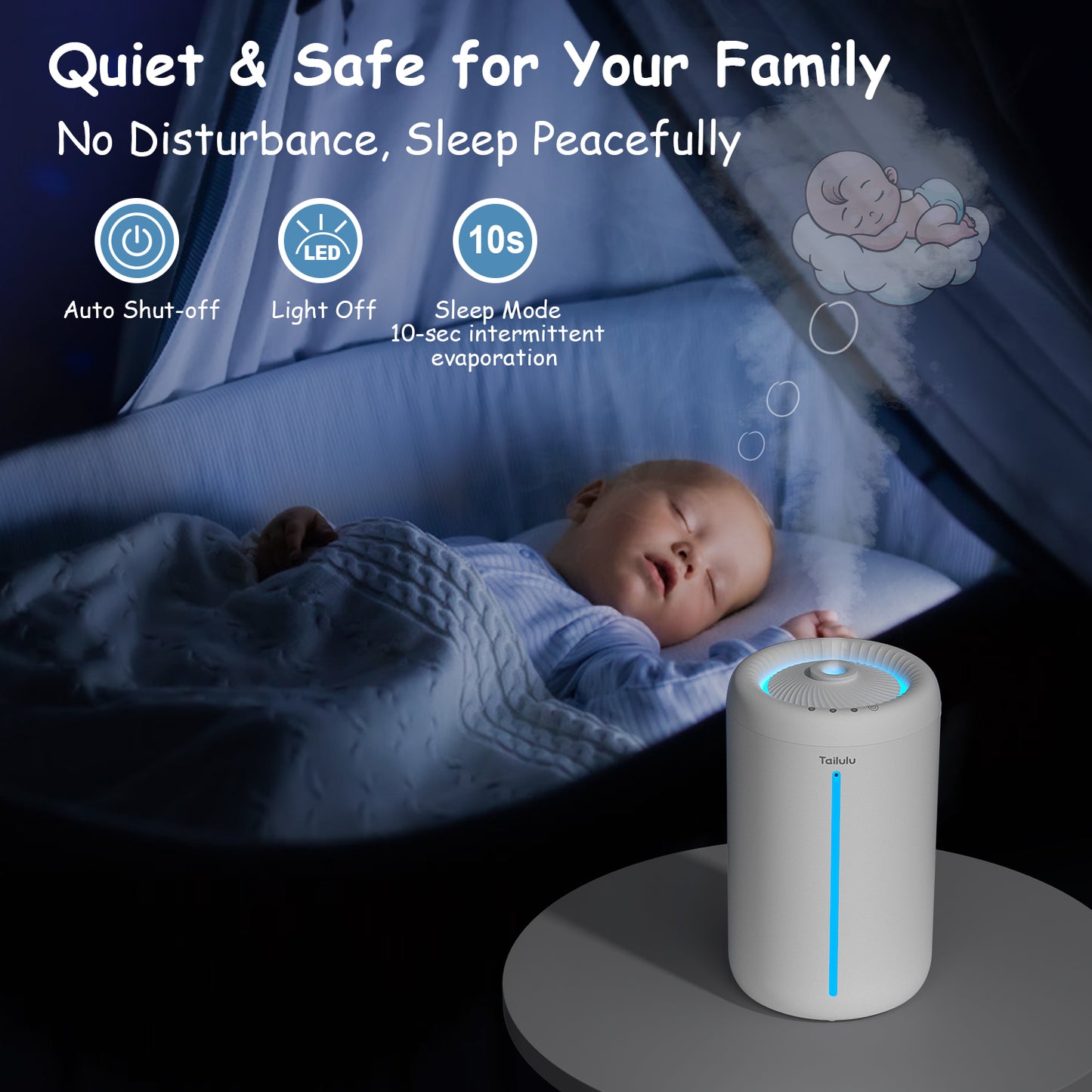 Humidifiers for Bedroom Large Room, Tailulu DS9L 4.5L/1.2Gallon Ultrasonic Cool Mist Humidifier