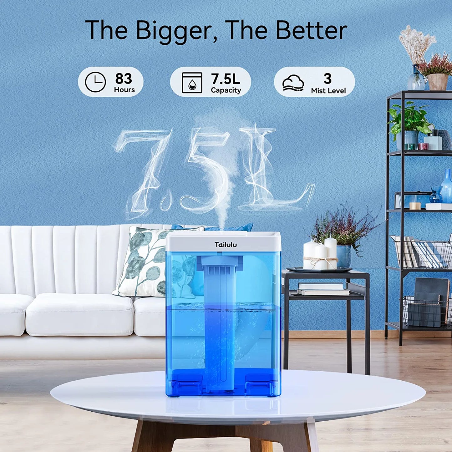 Tailulu 7.5L Humidifiers for Bedroom Large Room, 1.98 Gal Top Fill Cool Mist Air Humidifier for Baby Plants Home