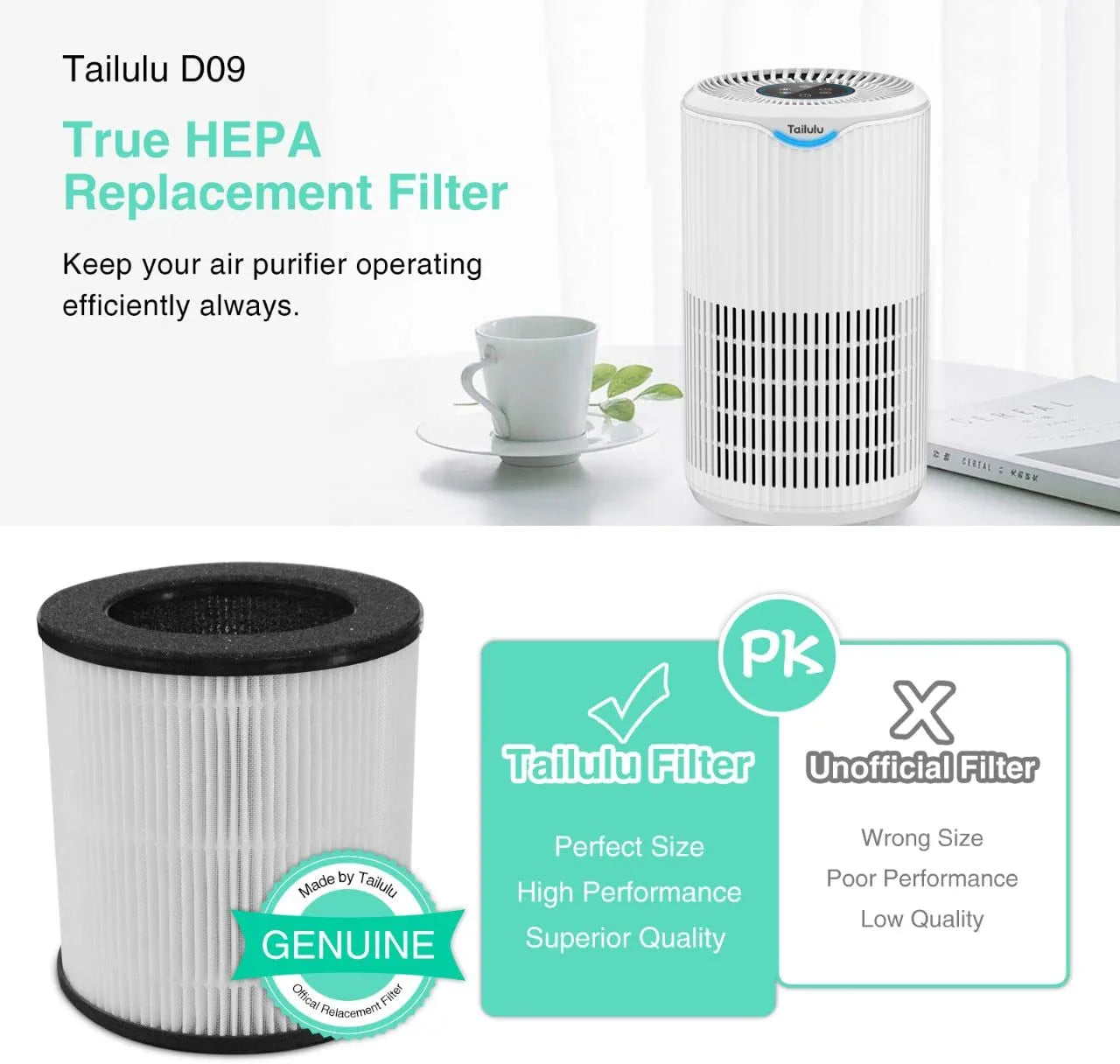 Tailulu D09 Air Purifier Replacement Filter, 3-in-1 True H13 HEPA Filter